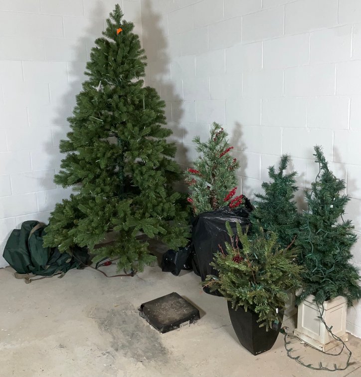 Assorted Pre-Lit Artificial Christmas Trees and Potted Evergreens