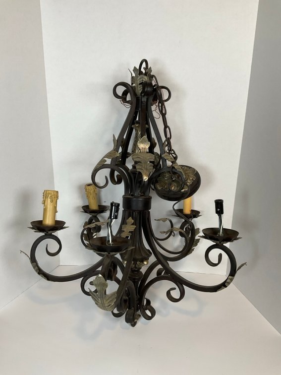 Wrought Iron and Gilt Tole Chandelier with Slag Glass Lamp Shade