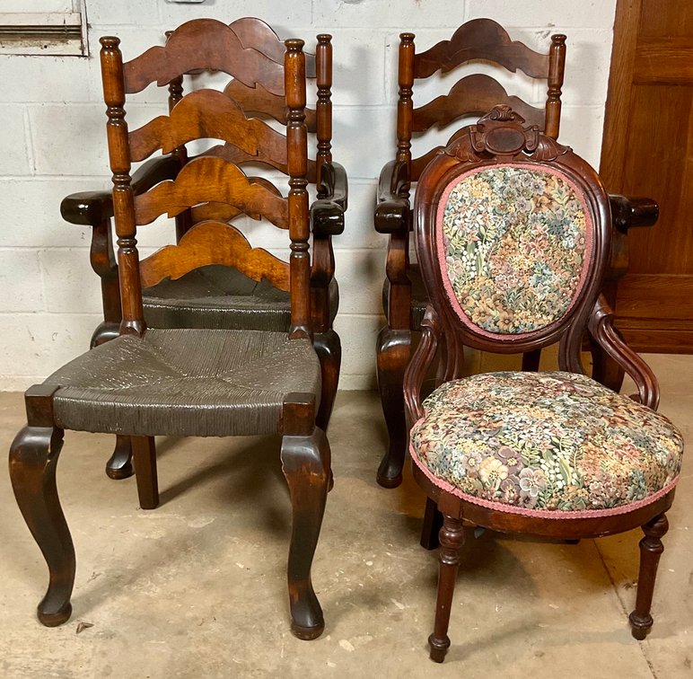 Ladderback Rush Seat Armchairs and Victorian Style Tapestry Side Chair