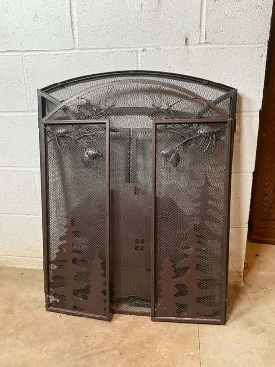 Rustic Cabin and Pine Cone 3-Panel Metal Fireplace Screens Pair