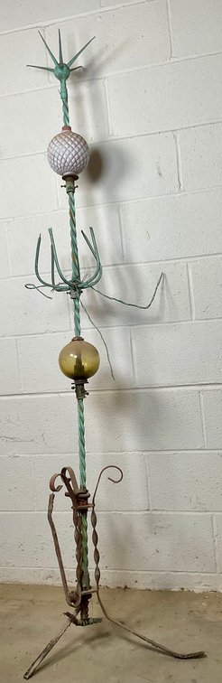 Antique Twisted Wrought Iron Lightning Rod With Spire Finial And Glass Balls