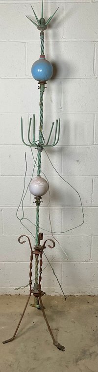 Antique Twisted Wrought Iron Lightning Rod With Two Glass Bulbs