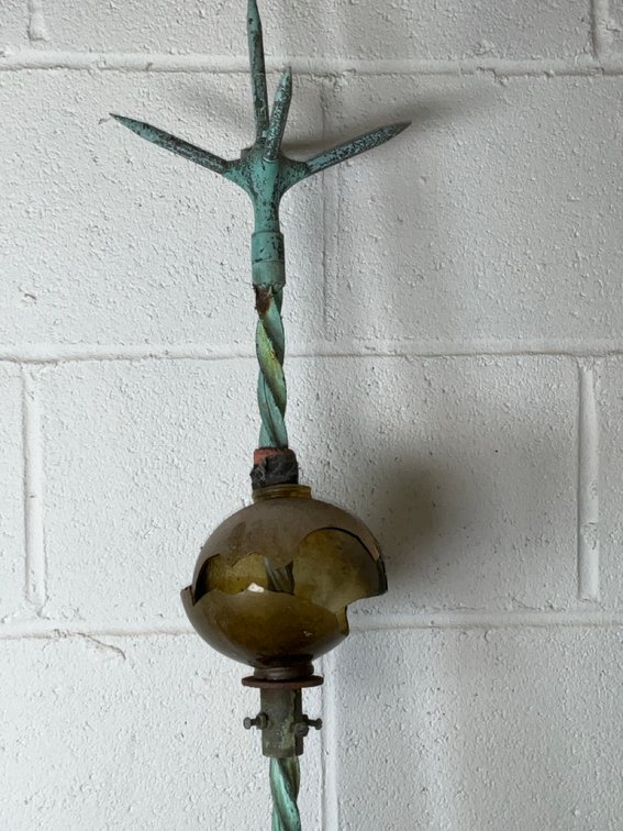 Antique Twisted Wrought Iron Lightning Rod with Quilted Milk Glass Ball