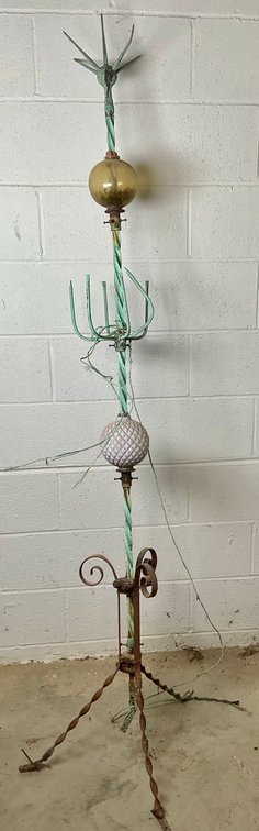 Antique Twisted Wrought Iron Lightning Rod With Two Glass Globes
