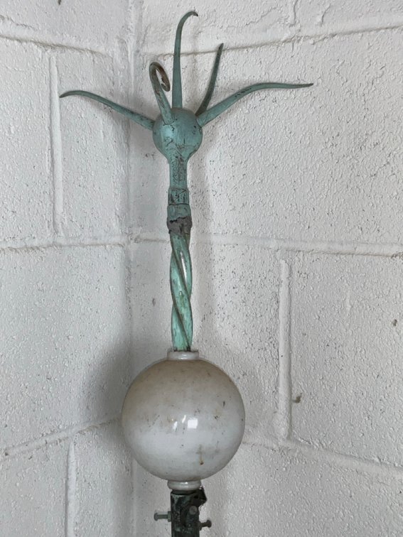 Antique Twisted Wrought Iron Lightning Rod With White Milk Glass Ball Finial
