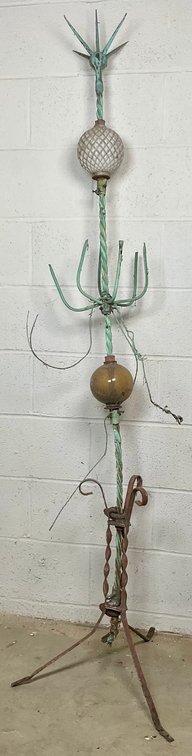 Antique Twisted Wrought Iron Lightning Rod With Two Glass Balls
