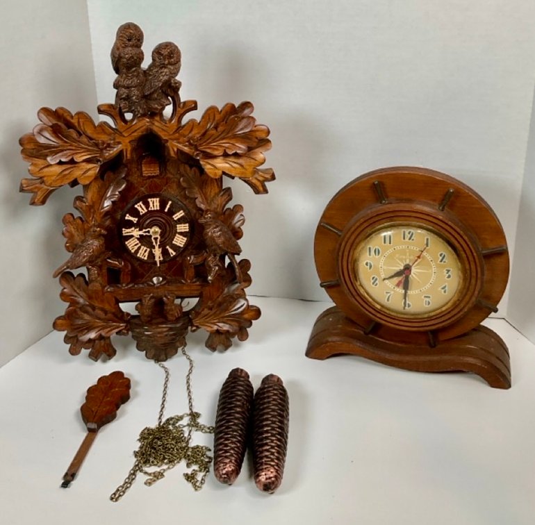 German Black Forest Owl Cuckoo Clock and Commodore Ships Wheel Clock