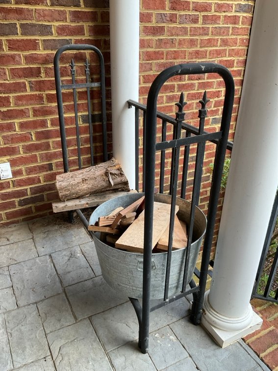 Wrought Iron Firewood Log Rack with Galvanized Tub Kindling Holder