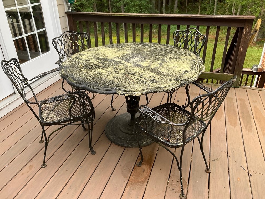 Woodard Florentine Wrought Iron Patio Dining Set With Table And Four Armchairs
