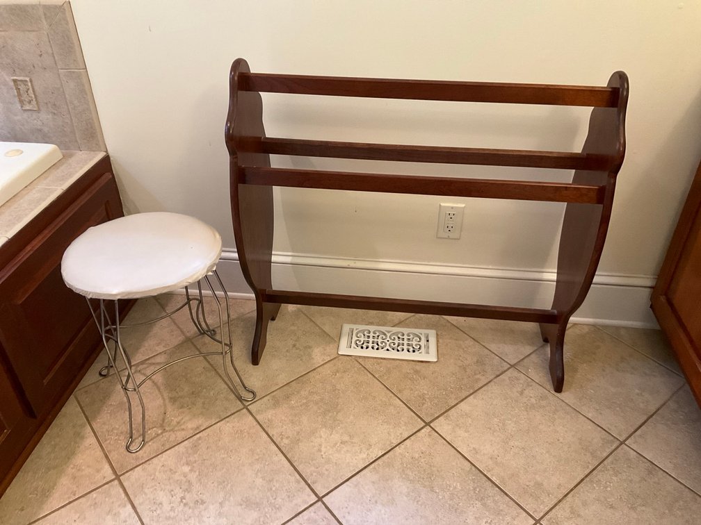 Wooden Quilt Blanket Rack and Metal Vanity Stool Lot