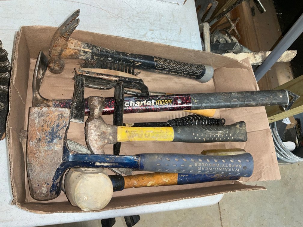 Assorted Hand Hammers, Charlet Moser Ice Axe and Masonry Tools
