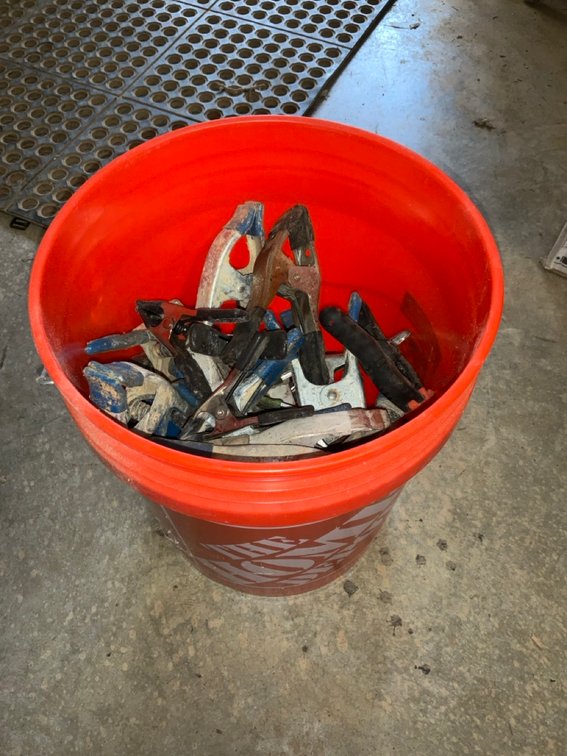 Assorted Metal Spring Clamps in Plastic Pail Lot