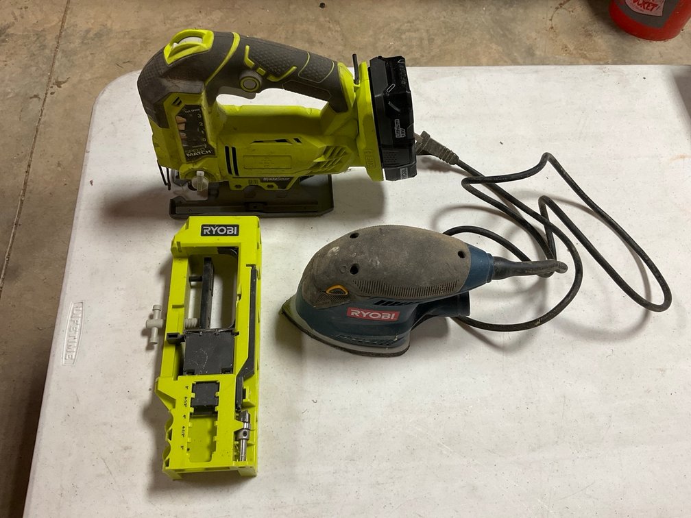 Ryobi Power Tool Featuring A Jigsaw Corded Sander and Hinge Template