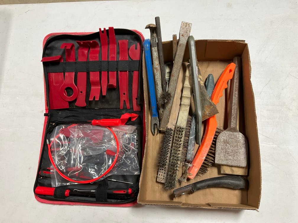 Automotive Trim Removal Tool Kit with Hand Tools and Wire Brushes