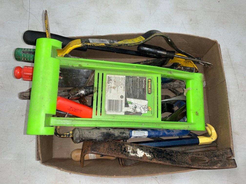 Assorted Pry Bars, Nail Pullers and Stanley Panel Carry Lot