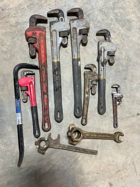 Assorted Pipe Wrenches Including Ridgid, Craftsman and Justrite Bung Wrenches