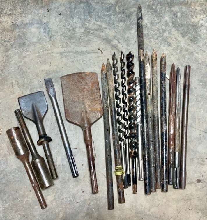 Assorted Demolition Hammer Chisels, Auger Bits and Steel Stakes Lot