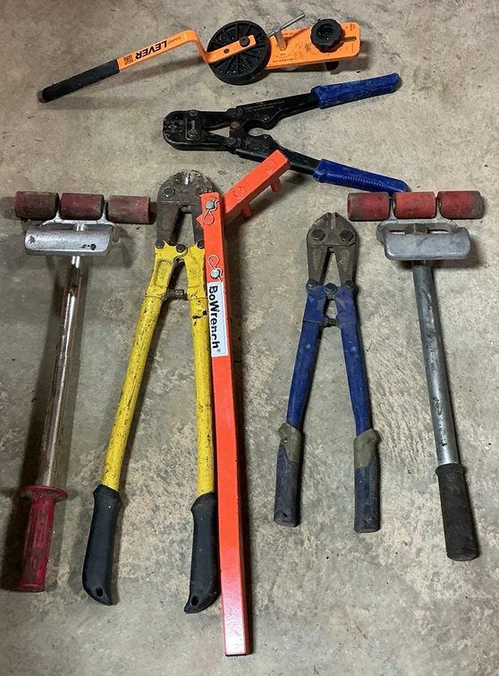 Assorted Construction Tools Including CAMO LEVER BoWrench and Bolt Cutters