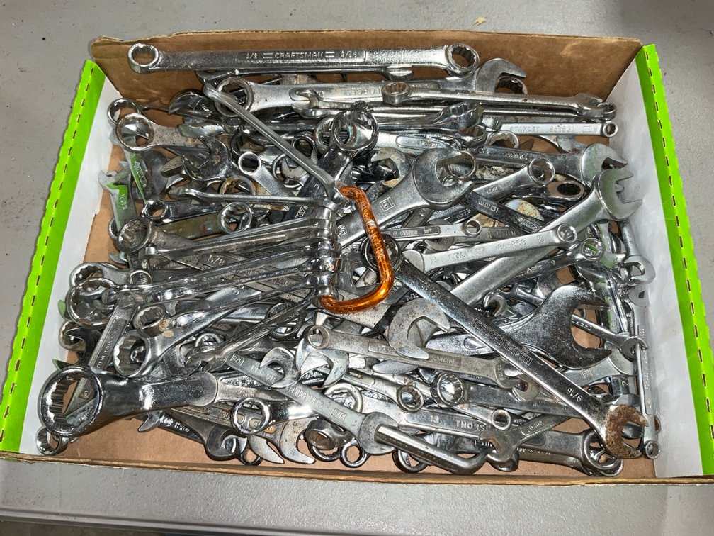 Large Assorted Box Lot of Combination and Open End Wrenches