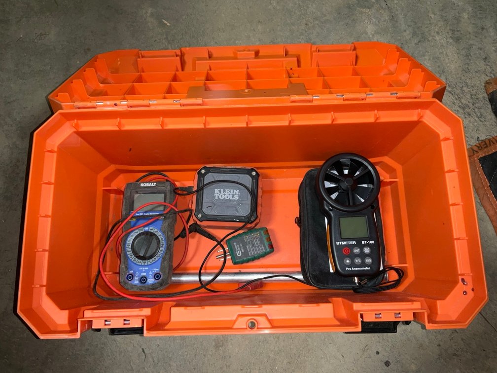 Home Depot Toolbox with Kobalt Multimeter, Klein Speaker and BTMETER Anemometer