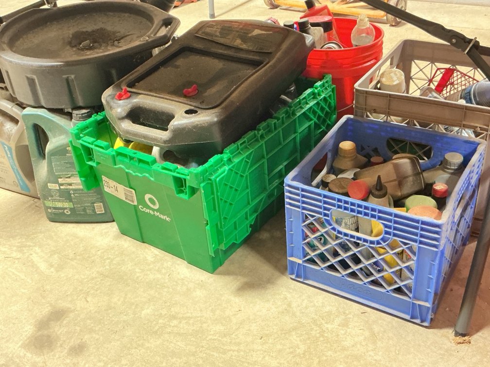 Assorted Motor Oils Oil, Drain Pans and Automotive Fluids
