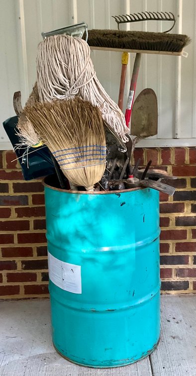 Assorted Long-Handled Lawn Garden And Utility Tools In Steel Drum