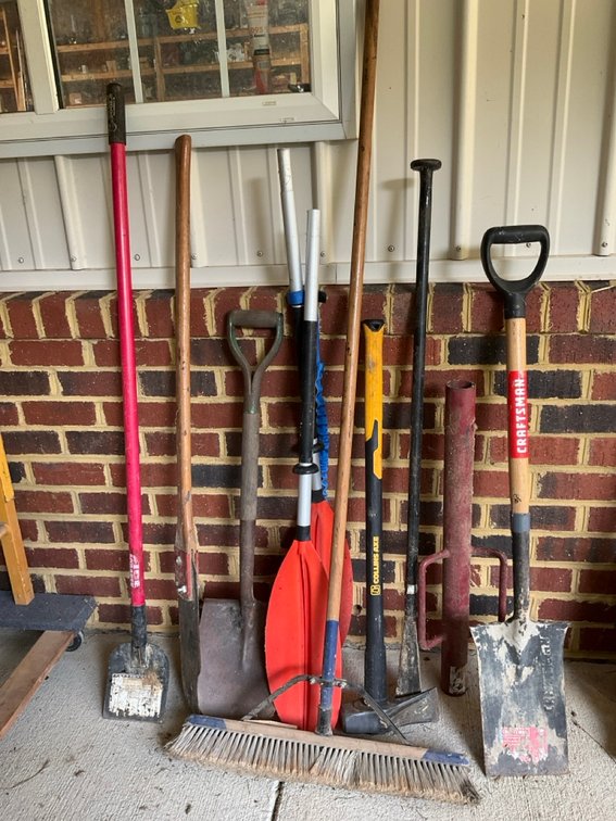 Assorted Lawn, Garden, and Manual Tools with Kayak Paddles