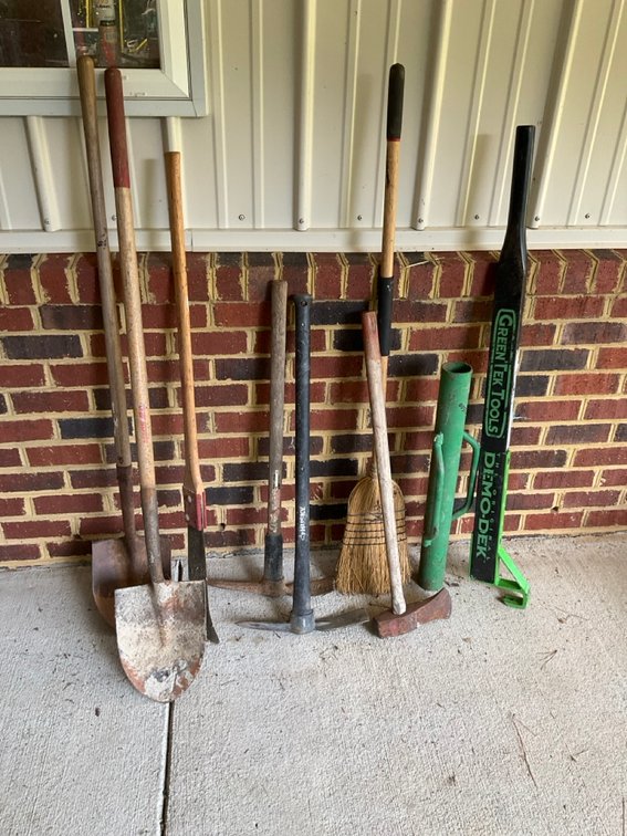 Assorted Landscaping and Demolition Hand Tools With Shovels