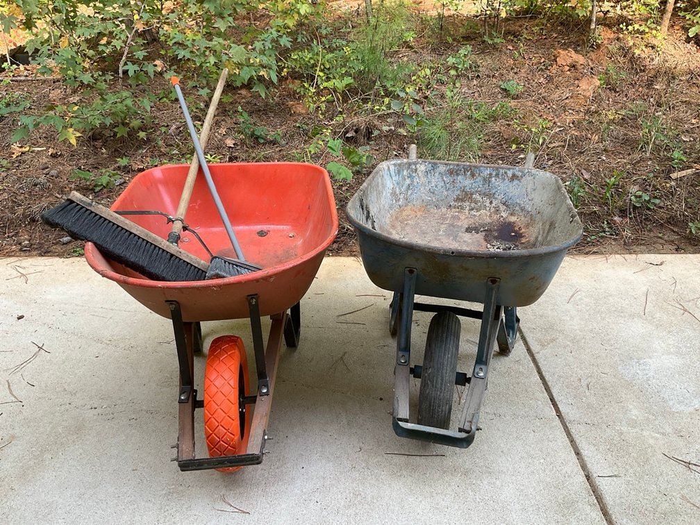 Set of Single Wheel Wheelbarrows and Brooms Lot