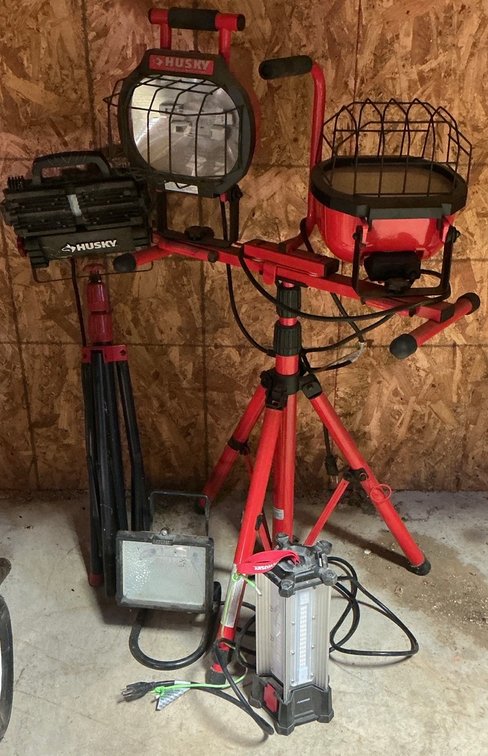 Assorted Husky and Regent Portable Jobsite Work Lights with Tripods