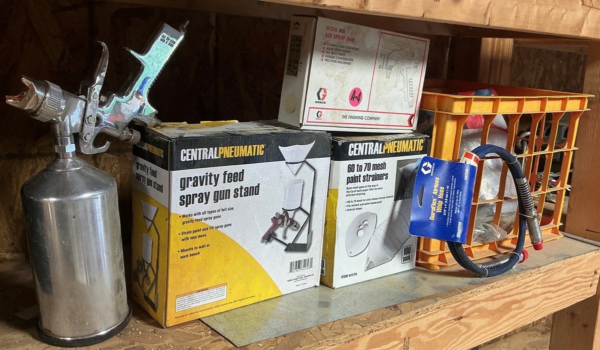 Graco Paint Spray Guns, Central Pneumatic Stand and Painting Supplies Lot