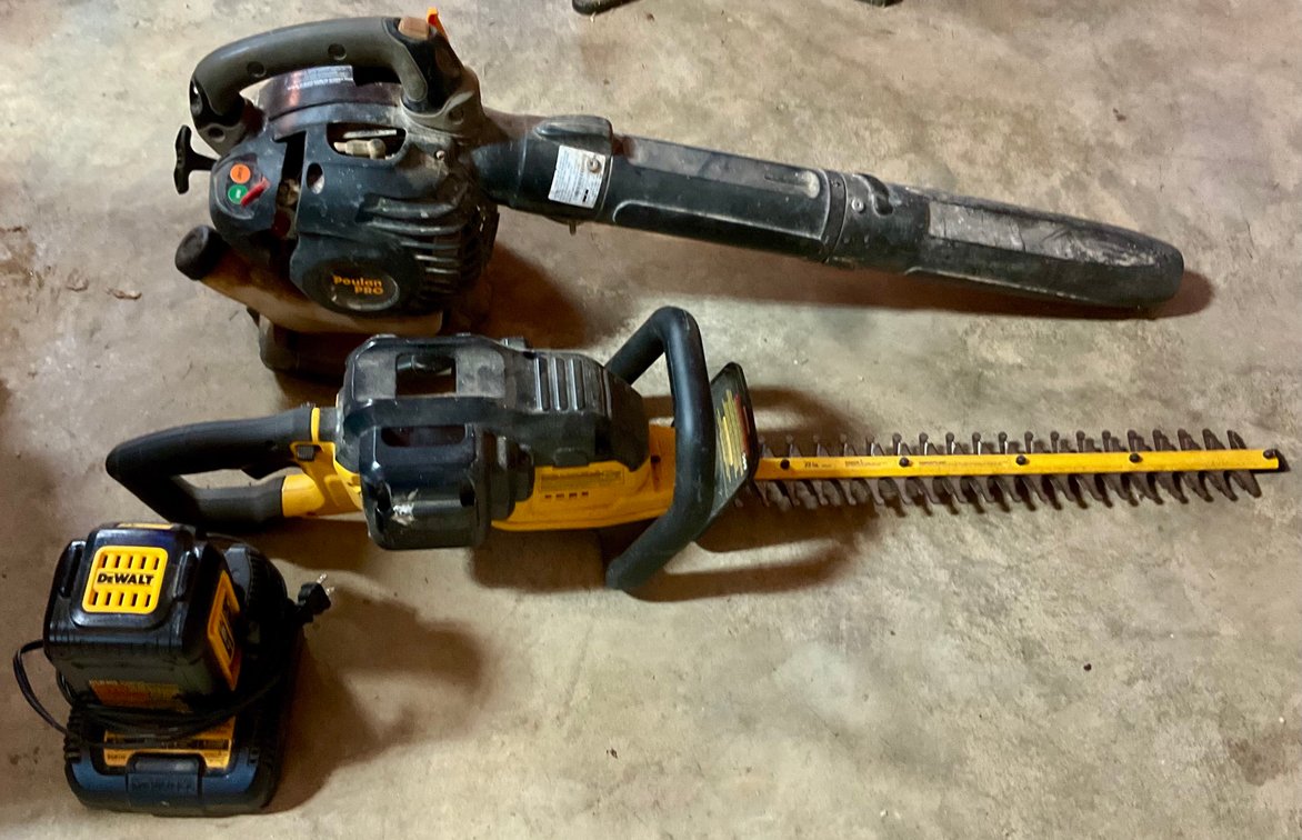 DeWALT 40V Hedge Trimmer With Battery Charger and Poulan PRO Blower