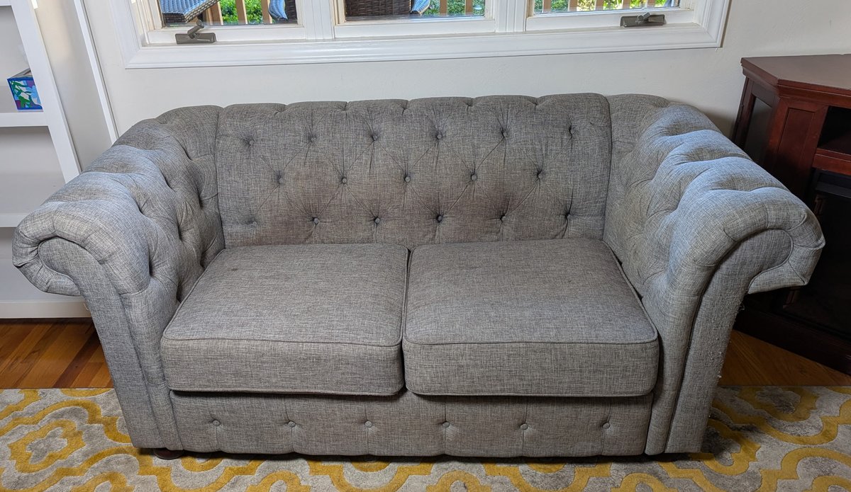 Rolled Arm Two Cushion Tufted Loveseat in Gray Linen Weave
