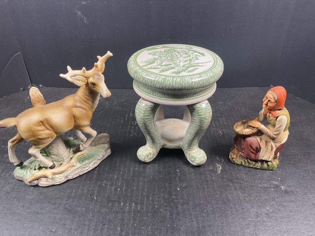 Porcelain Deer Figurine Chinese Celadon Stand and Peasant Woman