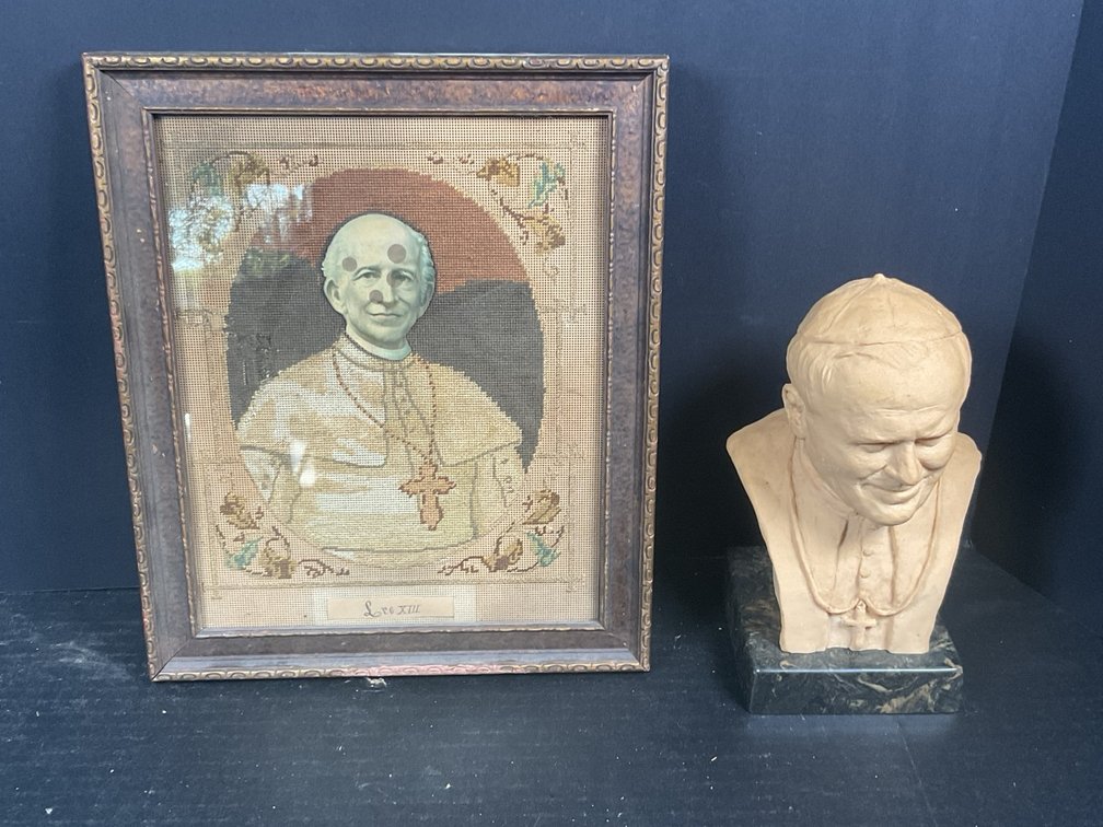 Pope John Paul II Bust and Framed Leo XIII Needlepoint