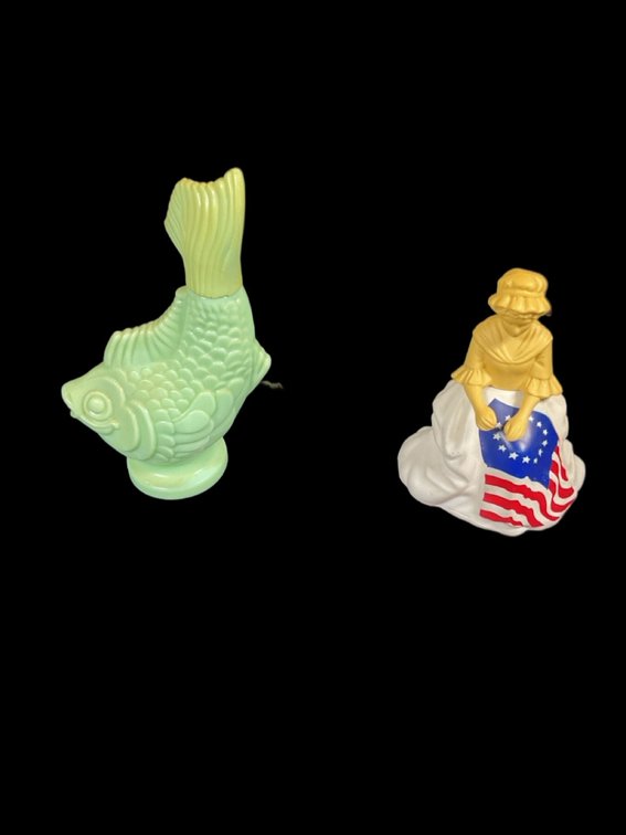 Vintage Avon Sea Spirit Jadeite Koi Fish and Betsy Ross Decanters