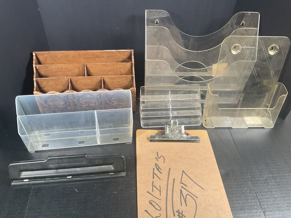 Lerner Faux Carved Wood Desk Organizer and Acrylic Office Accessories Lot