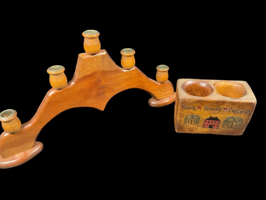 Folk Art Carved Wood Candelabra and Dual Votive Holder