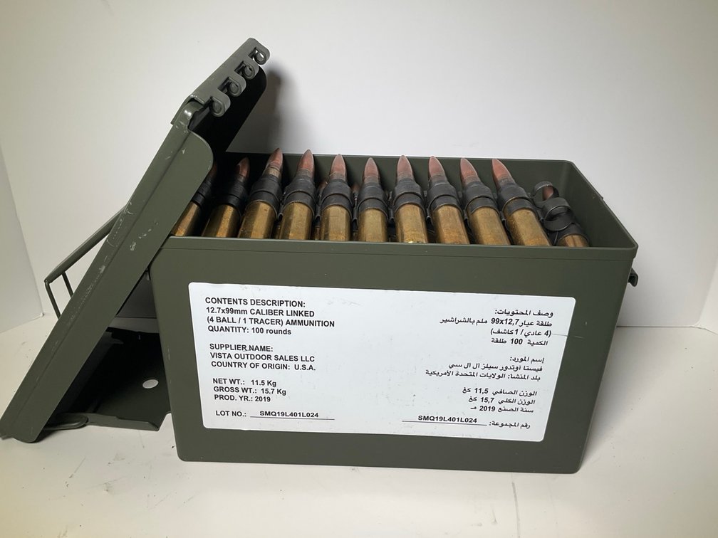 100 Rounds of Linked 12.7x99mm Ammunition in Steel Military Style Ammo Can
