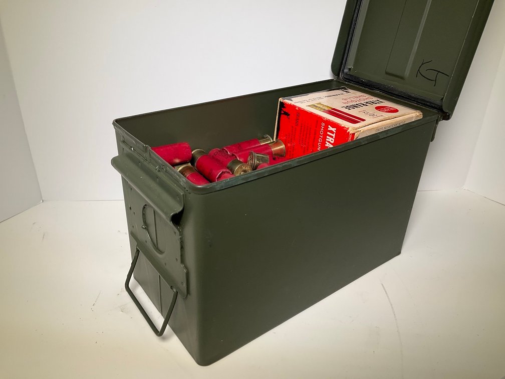 Assorted 12 Gauge Shotgun Shell Ammunition in Metal Field Can