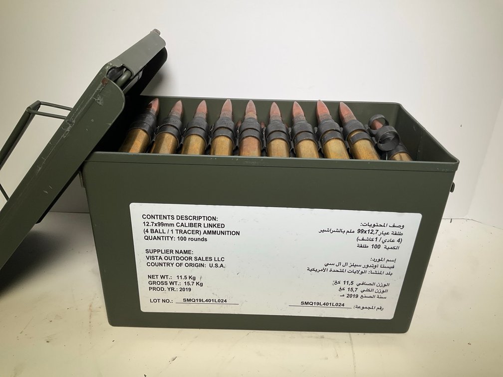 100 Rounds of Linked 12.7x99mm Ammunition in Steel Military Style Ammo Can