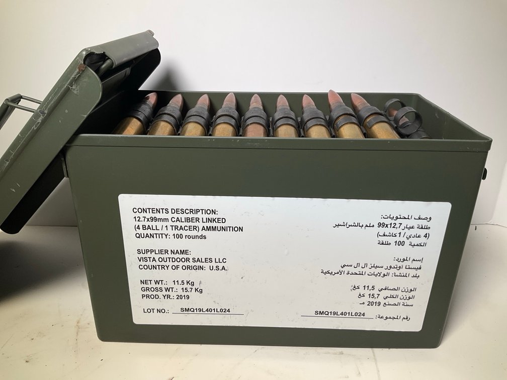 100 Rounds of Linked 12.7x99mm Ammunition in Steel Military Style Ammo Can