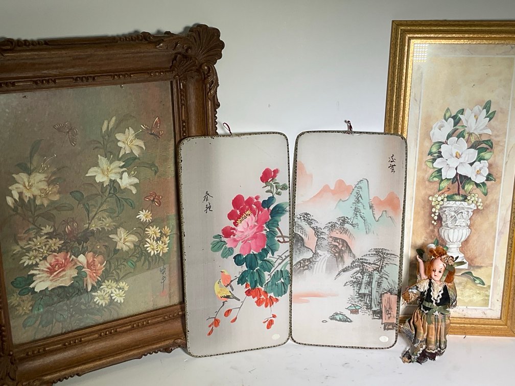 Framed Asian Paintings Chinese Silk Panels and Costume Doll Lot
