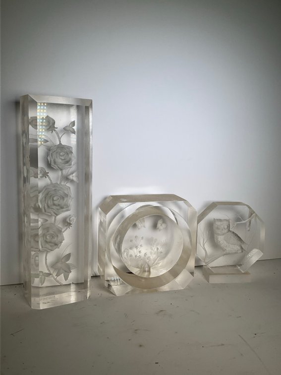 Carved Lucite and Acrylic Sculptural Art Glass Paperweights