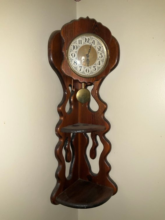 Carved Oak Finish Corner Wall Clock with Tiered Display Shelves