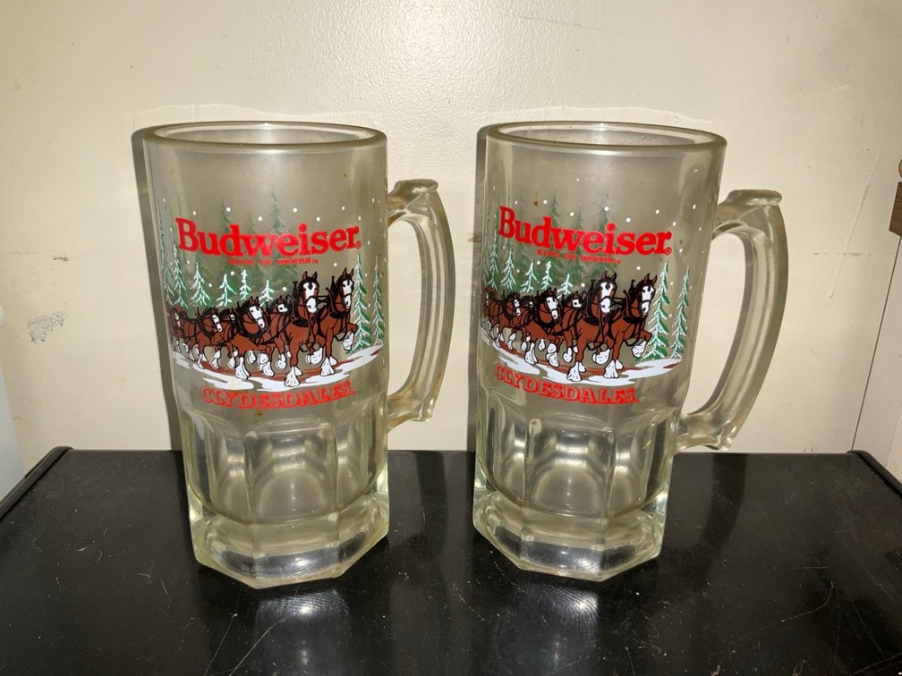 Pair of 1989 Budweiser Clydesdales Clear Glass Beer Steins
