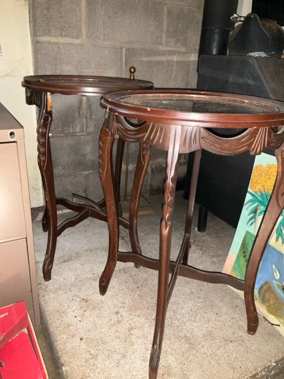 Pair of Carved Wood Plant Stands with Inset Glass Tops