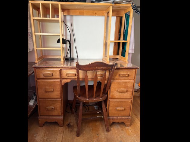 Image for Wooden Pedestal Desk, Hutch, Chair, and Office Supplies