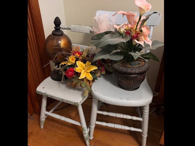 Image for Painted Wooden Chairs, Decorative Finial, and Floral Decor