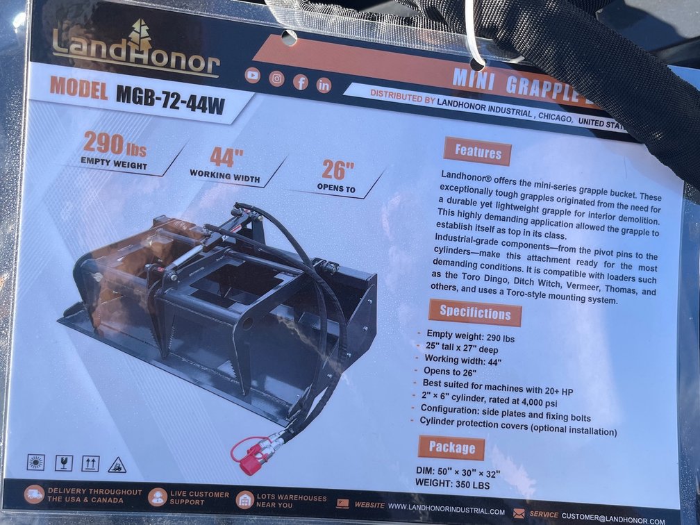 2026 Landhonor MGB-72-44W Mini Skid Steer Grapple Bucket